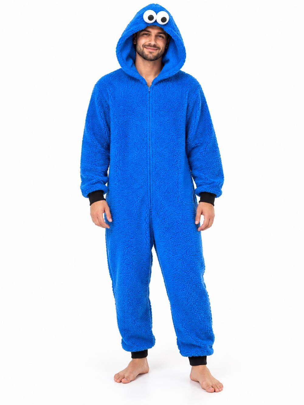 Sesame Street Cookie Monster Bright Blue Plush Men's Character Onesie Halloween